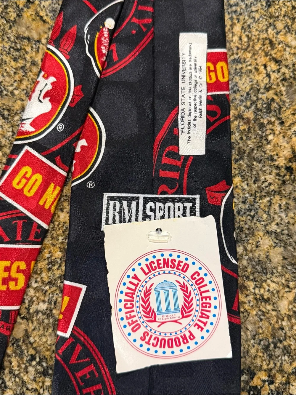 Vintage 90s Ralph Marlin Florida State University Seminole 100% Silk Necktie NWT
